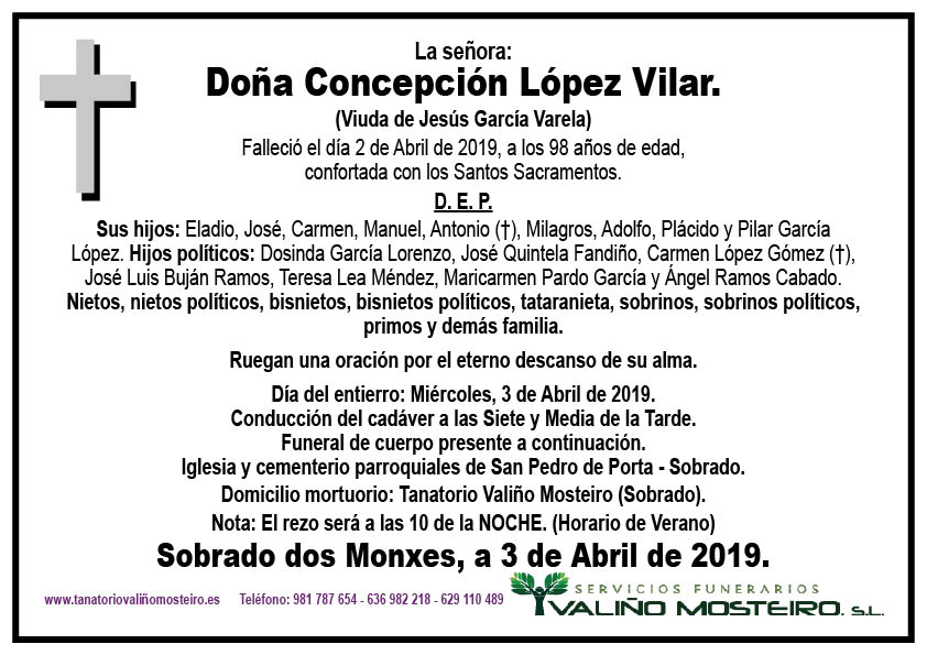 Esquela de Concepción López Vilar.